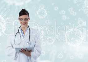 Happy doctor ( women) catching notes with molecule background