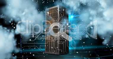 Digital composite image of server with magnifying lens and clouds