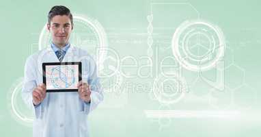 Doctor (men) with tablet with molecule graphic and technological background