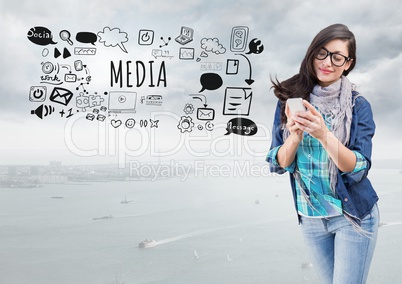 Woman on phone and Media text with drawings graphics