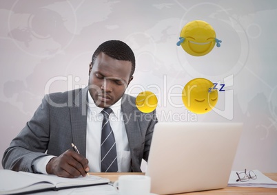 Business man working at desk with emojis and flare against white interface