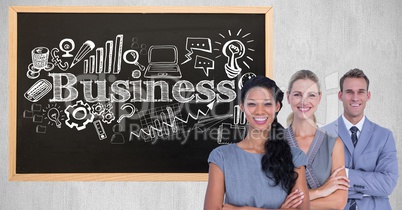 Portrait of confident business people standing against business text various shapes on blackboard