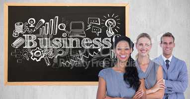 Portrait of confident business people standing against business text various shapes on blackboard