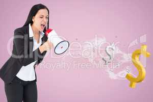 Businesswoman shouting in megaphone with dollar signs coming out