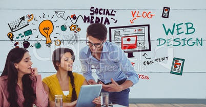 Digital composite image of businesswomen sharing ideas with text and icons in background