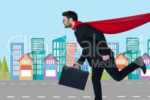 Digital composite image of businessman in super hero costume running in city