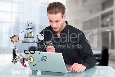 Businessman using magnifying lens and laptop for market analysis
