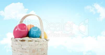 Easter eggs in basket in front of blue sky