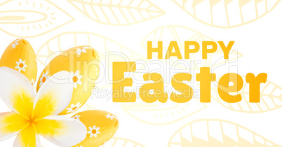 Yellow type and yellow flower and eggs against white easter pattern