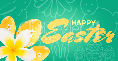 Yellow type and yellow flower and eggs against green easter pattern