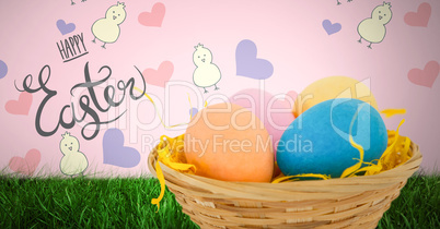 Happy Easter text with Easter eggs in front of pattern