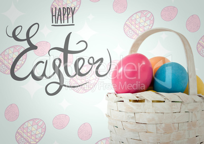 Grey type with basket of eggs against blue and pink easter pattern