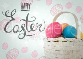 Grey type with basket of eggs against blue and pink easter pattern