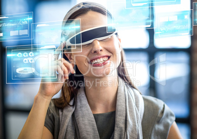 Woman wearing VR Virtual Reality Headset with Interface