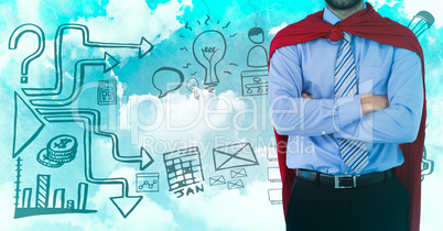 Business man superhero mid section with arms folded against sky and business doodles