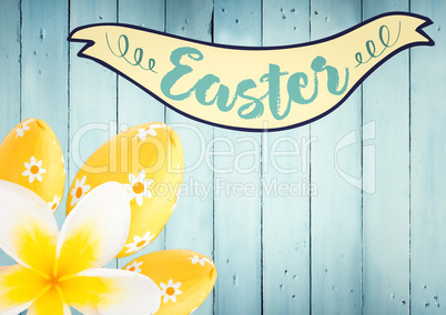Easter banner with yellow flower and eggs against blue wood panel