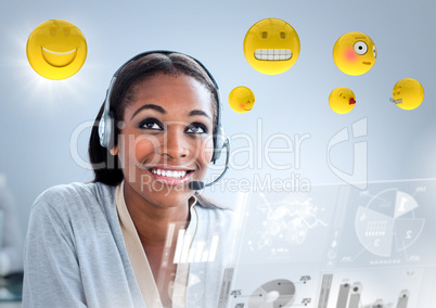 Customer service woman with emojis and flare against blue background