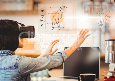Woman wearing VR Virtual Reality Headset with Health Fitness Interface