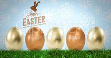 Happy Easter text with Easter eggs in front of pattern