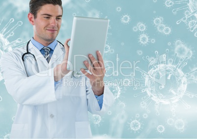 Happy doctor ( men ) working with his tablet