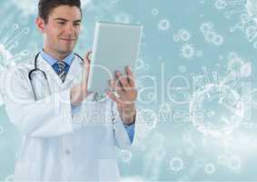 Happy doctor ( men ) working with his tablet