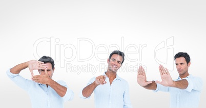 Multiple image of man gesturing over white background