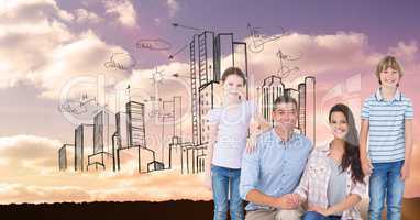 Digital composite image of happy family with buildings in sky
