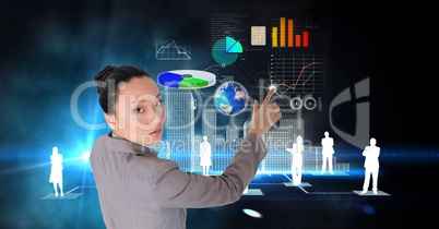 Digital composite image of confident businesswoman making plans on futuristic screen