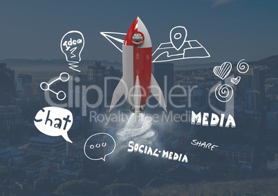 3D Rocket flying over city with social media drawings graphics