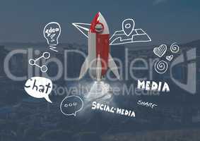 3D Rocket flying over city with social media drawings graphics