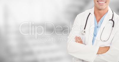 Doctor in the stairs of the hospital. Blurred background