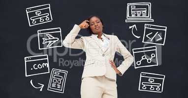 Digital composite image of thoughtful businesswoman with icons