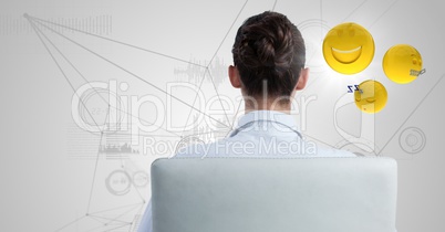 Back of business woman in chair with emojis and flare against white network