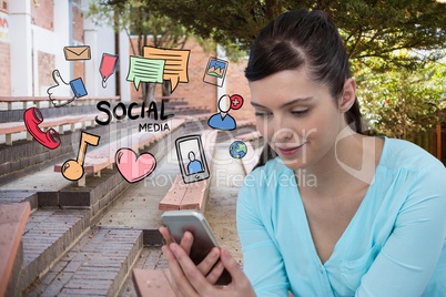 Digitally generated image of woman using smart phone with various icons flying at park