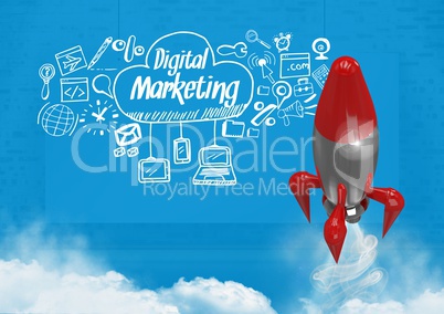 3D Rocket flying and Digital marketing text with drawings graphics