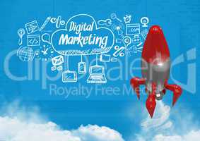 3D Rocket flying and Digital marketing text with drawings graphics