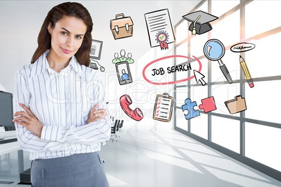 Businesswoman standing arms crossed by icons surrounding job search text