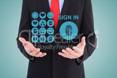 Midsection of businessman with sign in icons