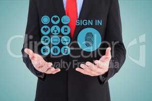 Midsection of businessman with sign in icons