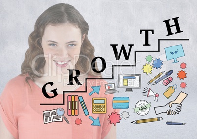 Woman behind Growth text with drawings graphics