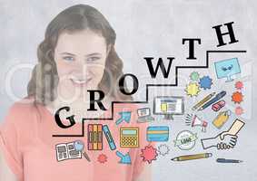 Woman behind Growth text with drawings graphics