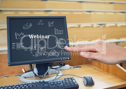 Hand pointing at computer with Webinar text with drawings graphics