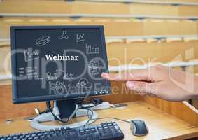 Hand pointing at computer with Webinar text with drawings graphics