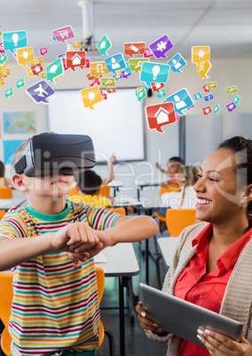 Teacher and child wearing VR Virtual Reality Headset with Interface
