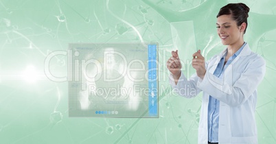 Happy female doctor analyzing reports on transparent digital tablet
