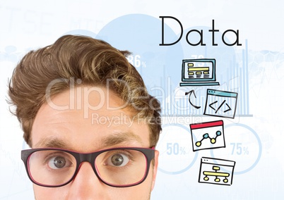 Man with glasses and Data text with drawings graphics