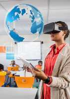 Woman teacher wearing VR Virtual Reality Headset with Interface of World