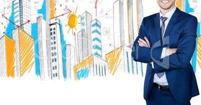 Digital composite image of businessman with arms crossed against buildings