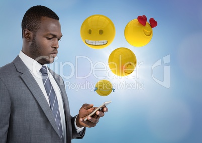 Business man on phone with emojis and flare against blue background