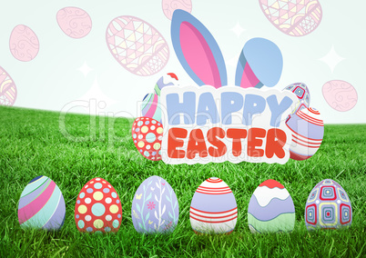 Happy Easter text with Easter eggs on grass with pattern